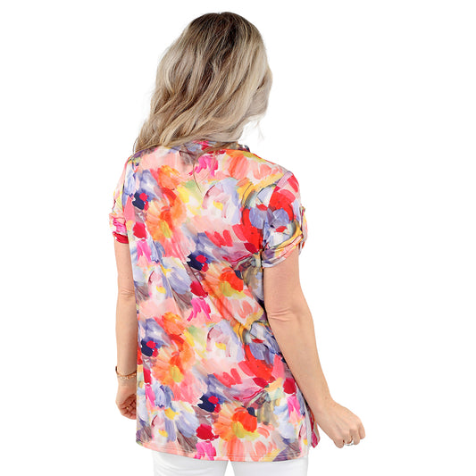 Colorburst Radiance: Coral Multi-Print V-Neck Top 🌺☀️