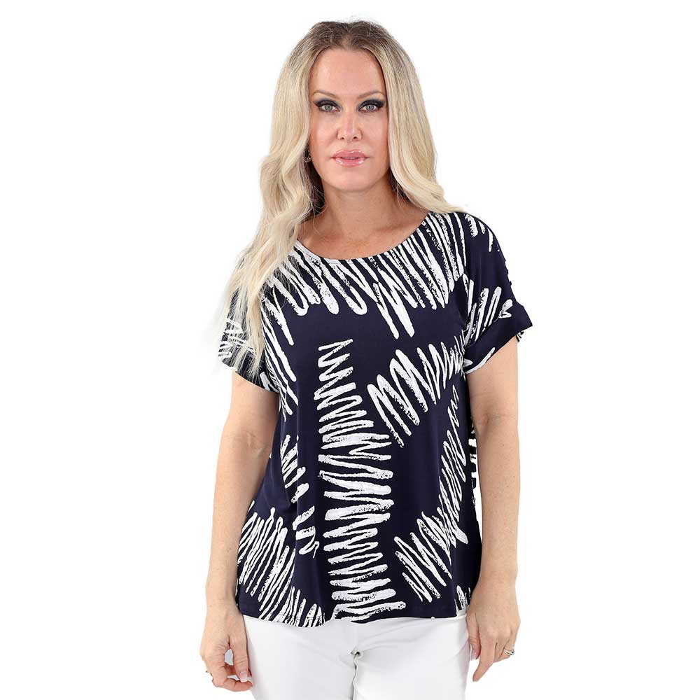 Navy & White Abstract Print Short Sleeve Top – Effortless Style Meets Supreme Comfort