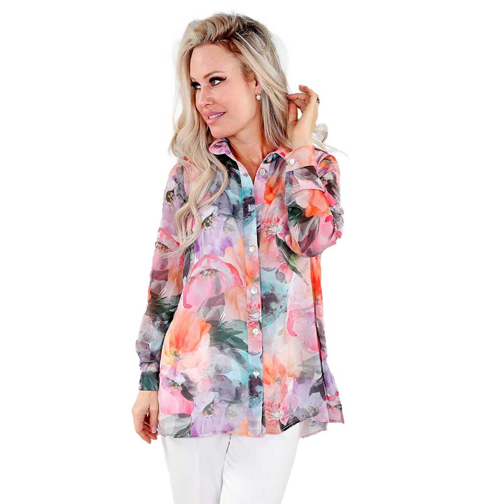 Multi-Color Print Long Sleeve Chiffon Shirt – A Statement in Sheer Elegance