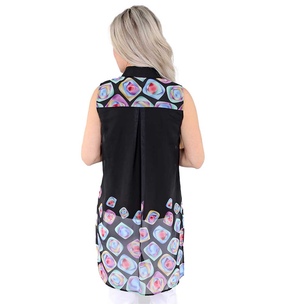 Black & Multi-Print Sleeveless Long Shirt – A Chic & Modern Statement