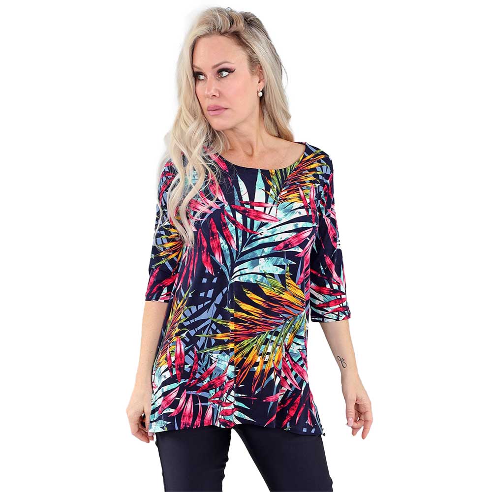 Navy Tropical Print 3/4 Sleeve Top – A Vibrant Statement Piece