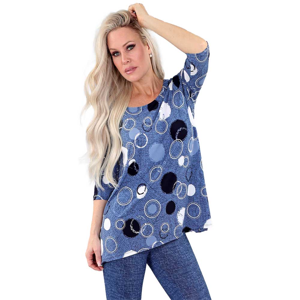 Denim Circles 3/4 Sleeve Printed Modal Top – Contemporary Style with a Playful Edge