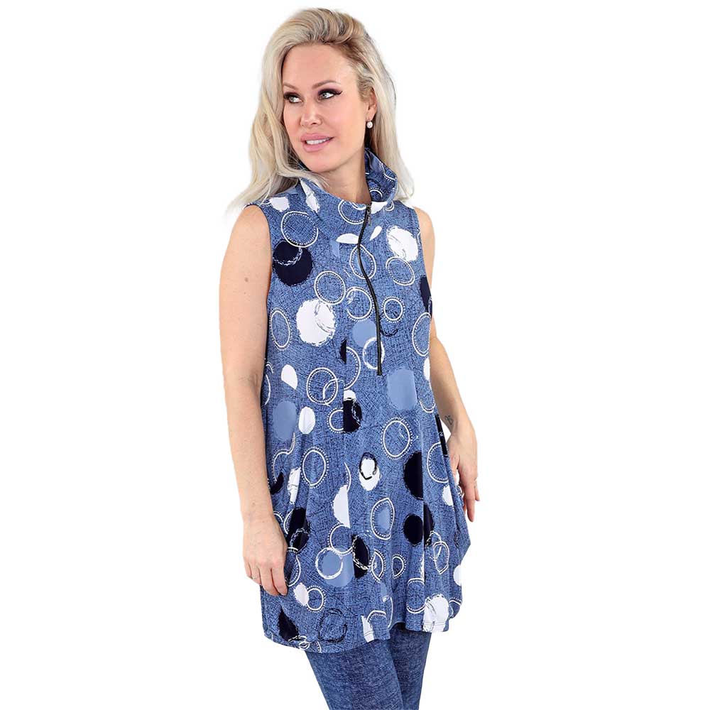 Denim Circles Sleeveless Front Zipper Tunic – Modern Elegance with a Playful Edge