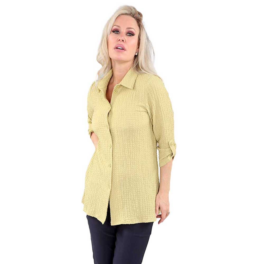 Chartreuse 3/4 Sleeve Popcorn Shirt – Effortless Chic and All-Day Comfort