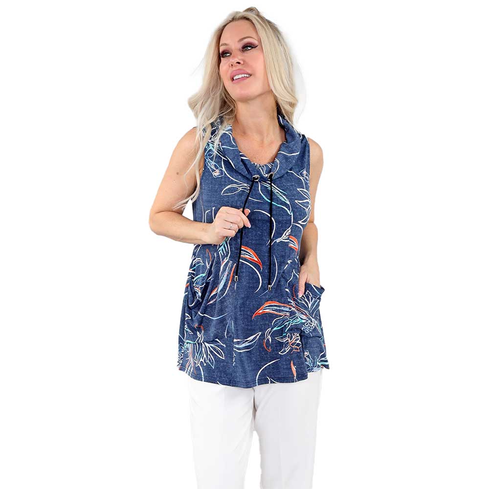 Denim and Orange Multi-Print Sleeveless Cowl Neck Tunic – Relaxed Elegance with a Modern Twist