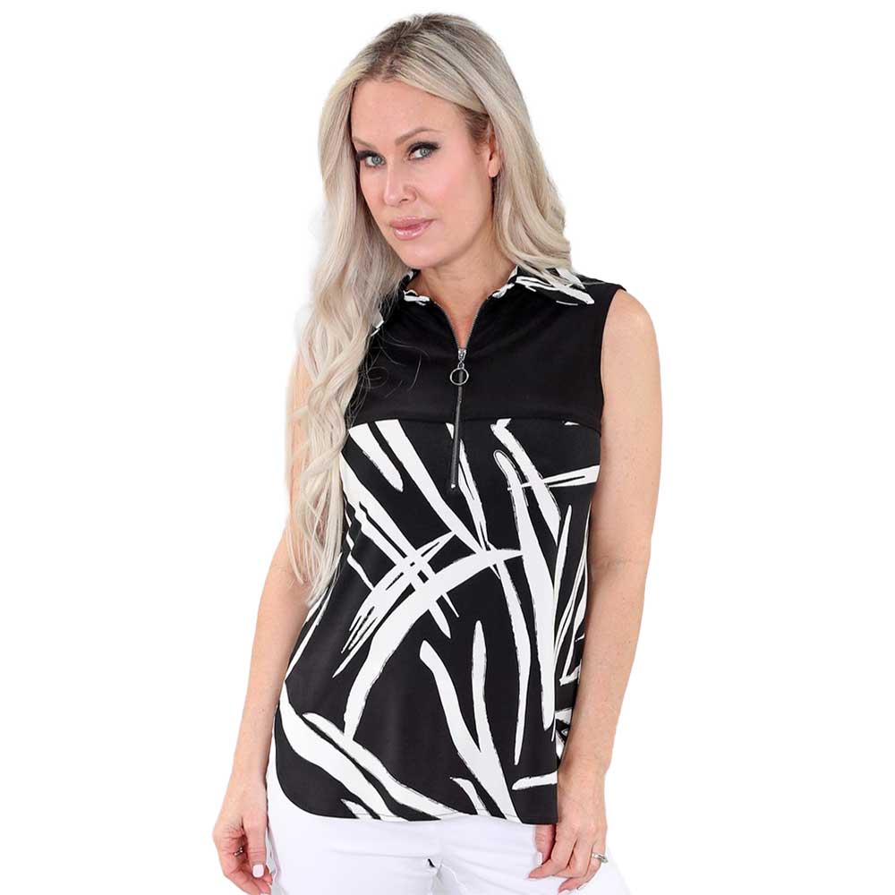 Black and White Sleeveless Top with Front Zipper – Modern Edge and Comfort