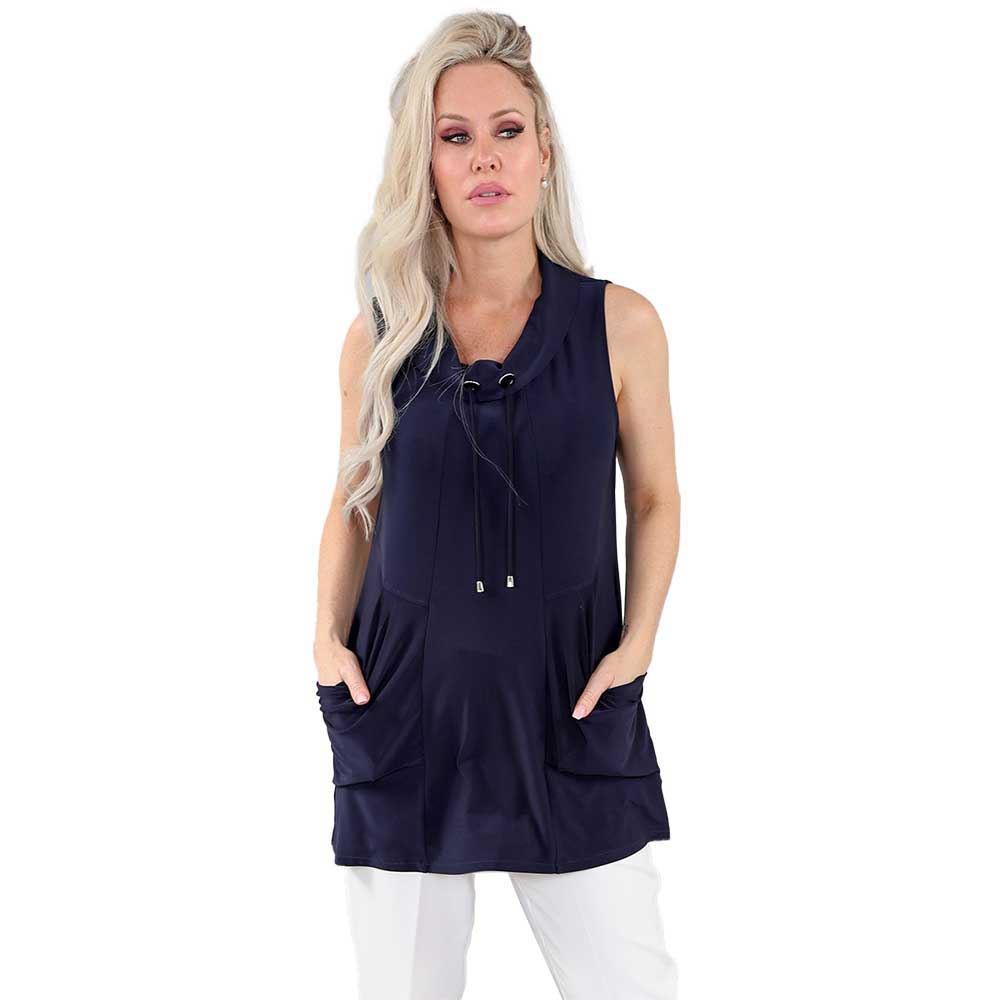 Navy Sleeveless Tunic with Cowl Neck and Drawstring – Effortless Elegance and Comfort