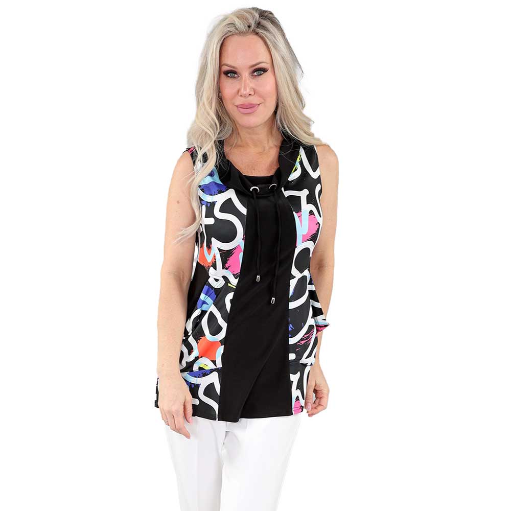 Black Multi-Print Sleeveless Tunic with Cowl Neck and Drawstring – Modern Chic