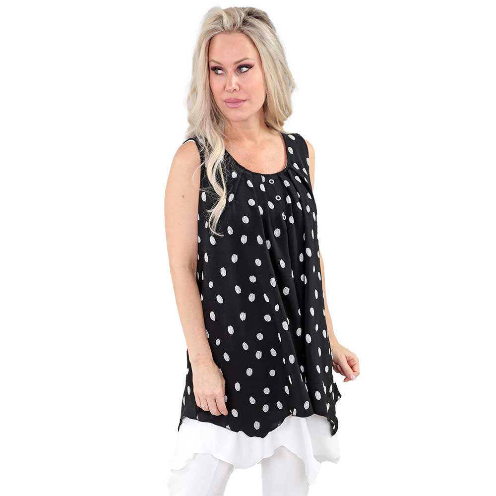 Black Abstract Dots Sleeveless Tiered Tunic – Effortless Elegance with a Playful Touch