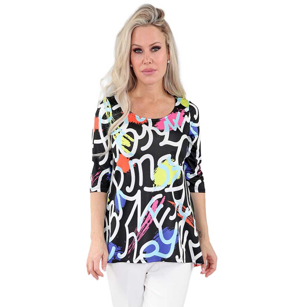 Black Multi-Print 3/4 Sleeve Top – Bold and Playful