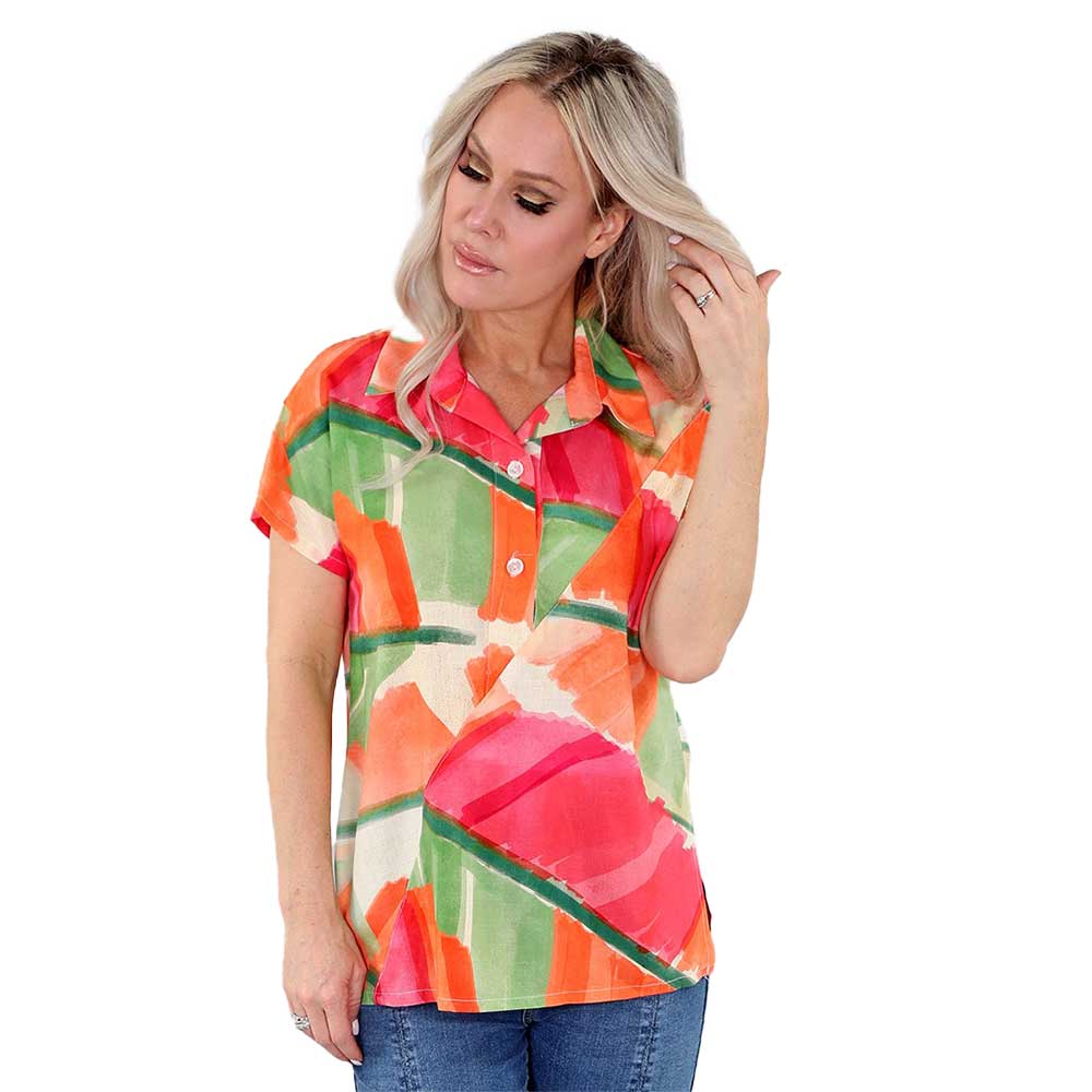 Orange & Fuchsia Green Short Sleeve Button-Up Top – A Burst of Color and Comfort