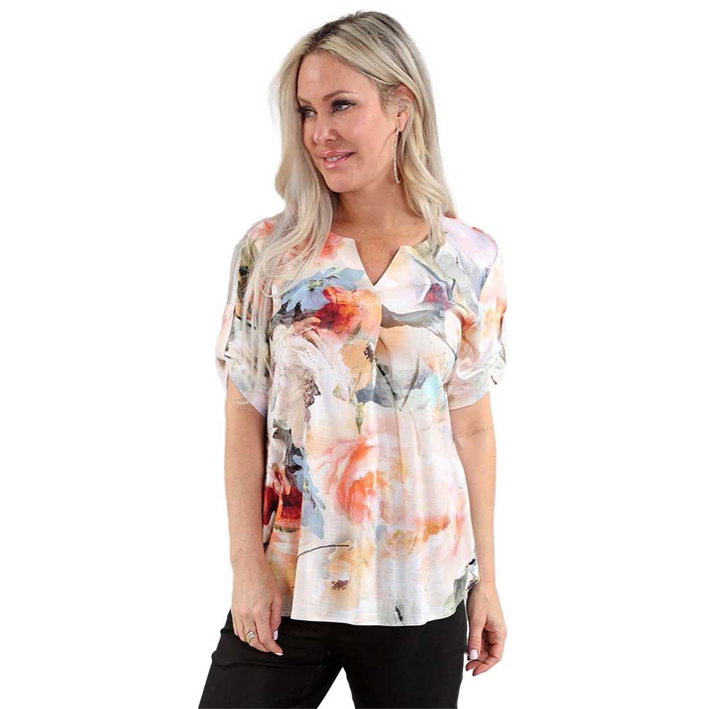Orange Multi-Print Layered Short Sleeve Top – Effortless Elegance with a Touch of Artistic Flair