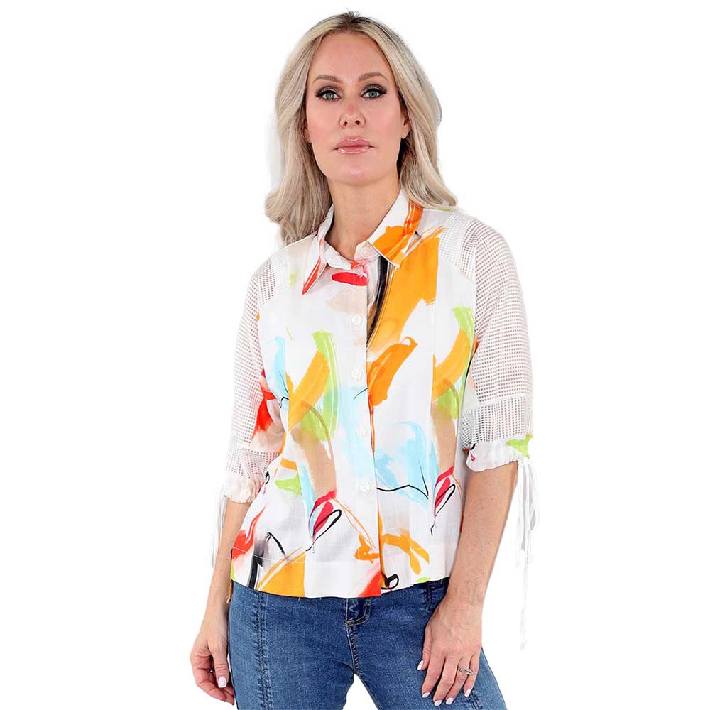 Ivory Orange 3/4  Mesh  Sleeve Shirt – A Bold Fusion of Art and Elegance