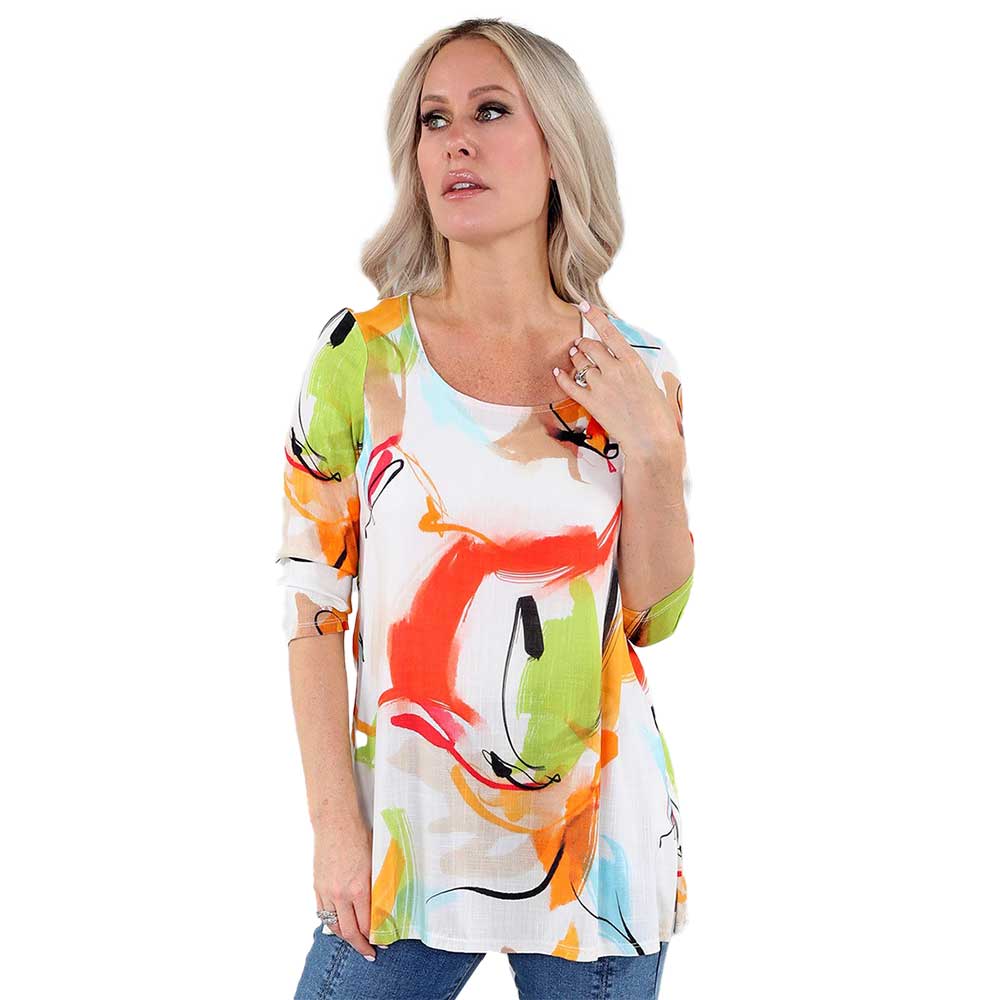 Ivory Orange 3/4 Sleeve Top – A Bold Fusion of Art and Comfort