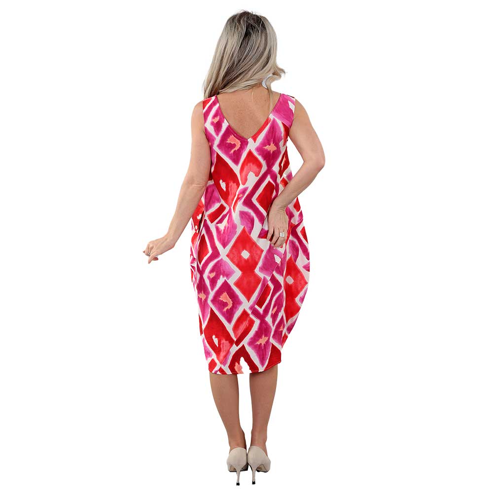 Vibrant Fuchsia Geometric Sleeveless Dress – A Statement of Bold Elegance