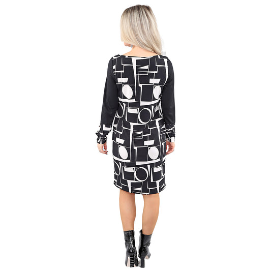 Urban Muse: Black Sand Geometric Long Sleeve Dress