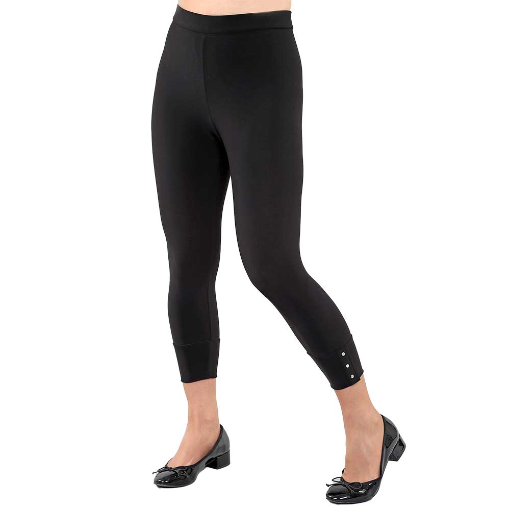 Interlock Twist Yarn Black Capri Legging with Cuffs & Rhinestones – Sleek & Chic Comfort