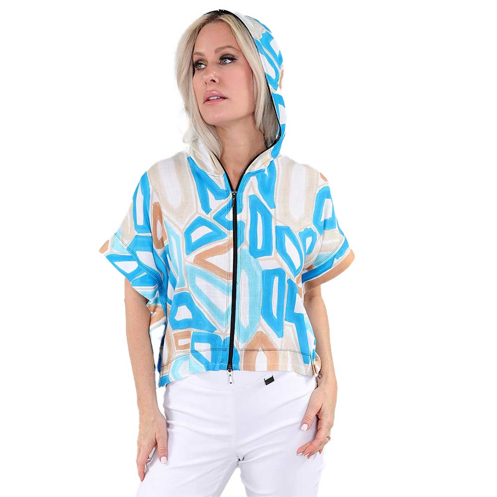 Short-Sleeve Hooded Jacket with Zipper β Blue and Print π₯π
