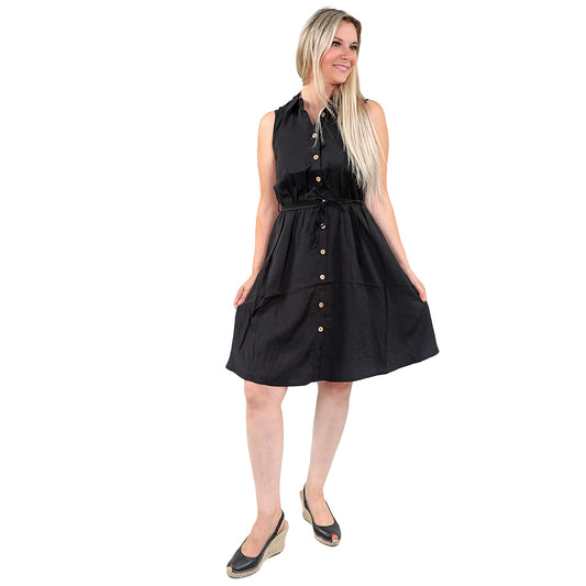 Buttoned Bliss: Sleeveless Crinkle Dress with Drawstring Waist 🖤